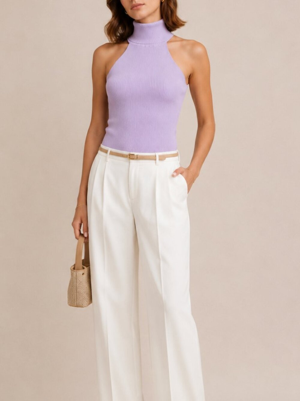 Smythe Lilac Purple Ribbed Knit Sleeveless Turtleneck Top Sz S